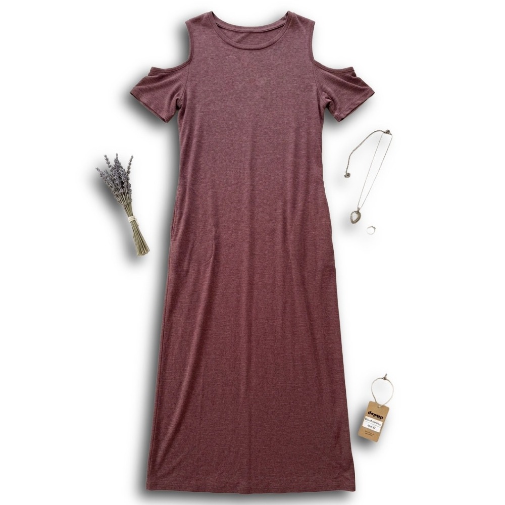 Unbranded Mauve Heathered Cold Shoulder Maxi Dress with Pockets Size L